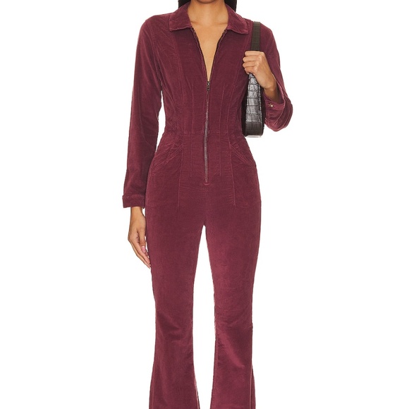 NWT Free People We The Free Jayde Cord Flare Jumpsuit Cordovan/Wine Size Large - Picture 1 of 14